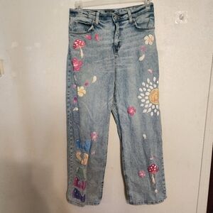 Wild Fable Size 6 Painted Denim Blue Jeans Hippie Seventies Peace Retro-Flaw Hem